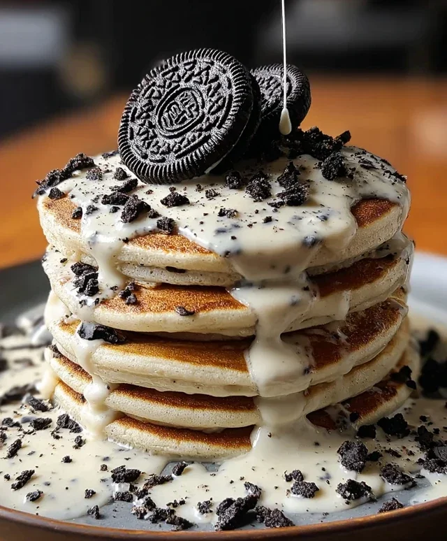 Oreo Pancakes with Cream Cheese Drizzle