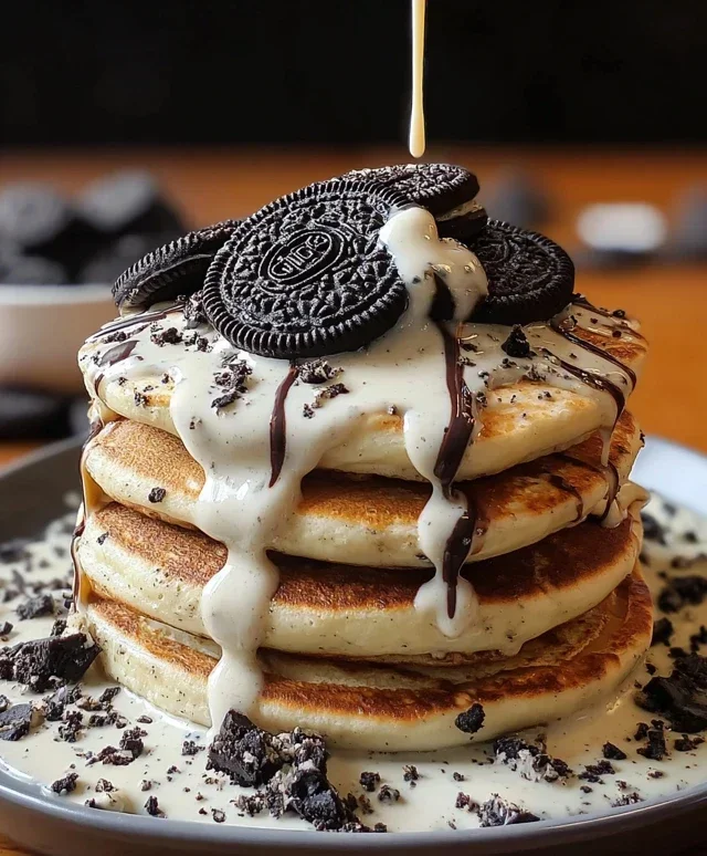 Oreo Pancakes with Cream Cheese Drizzle