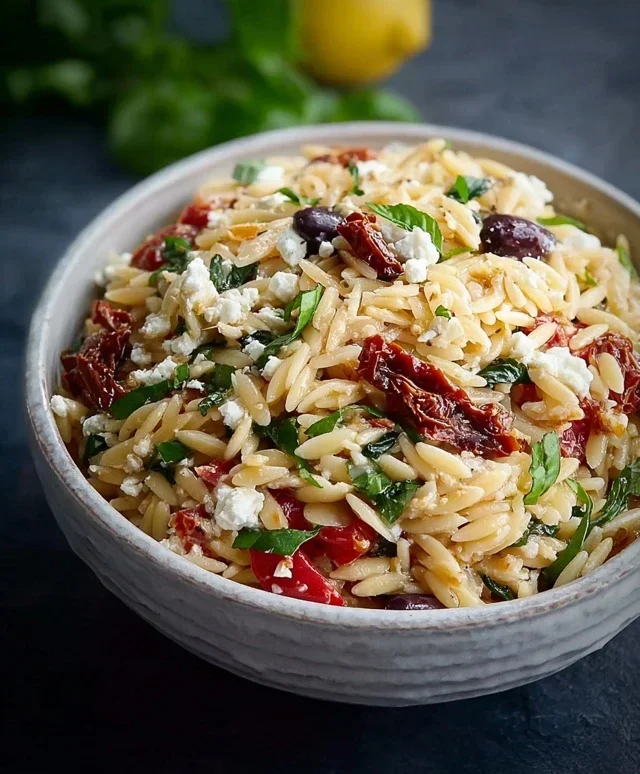 Homemade Orzo Pasta Salad with Feta and Sun Dried Tomatoes - FlirtyFood