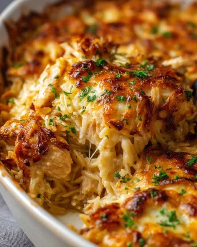 French Onion Chicken Orzo Casserole