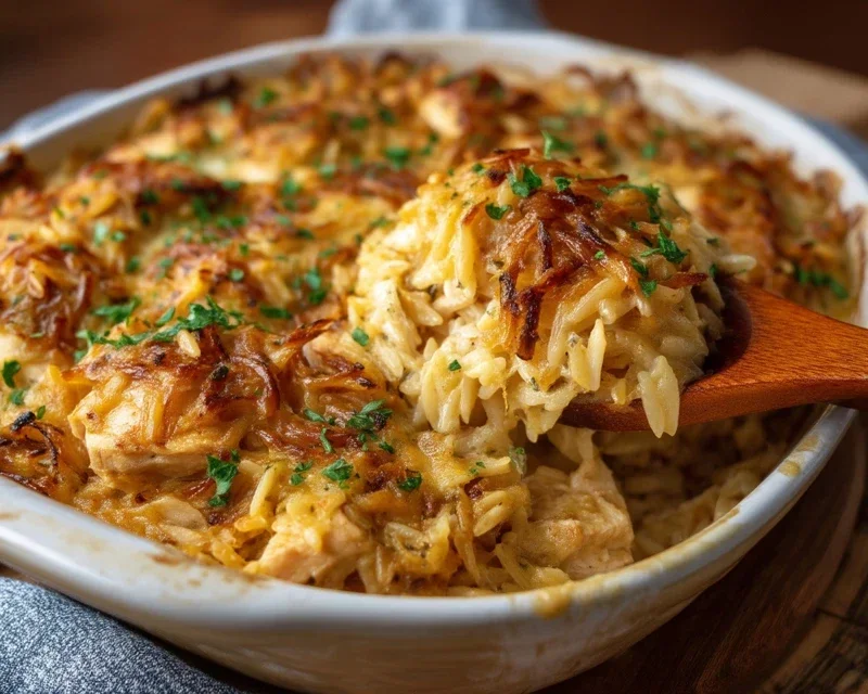 French Onion Chicken Orzo Casserole