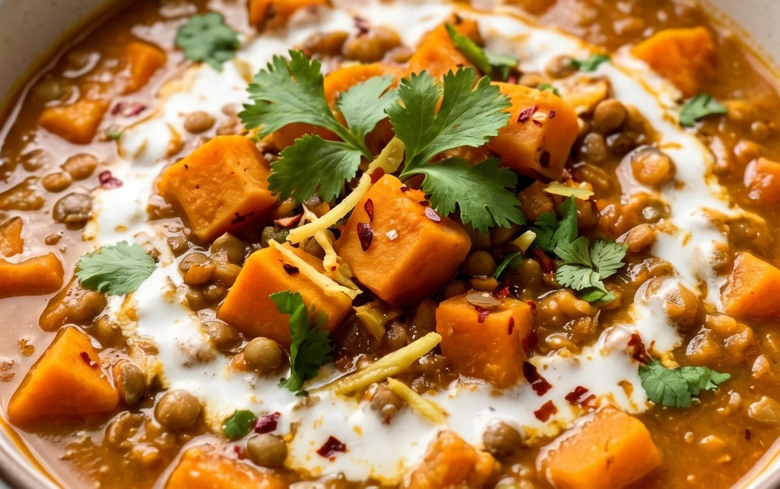 Gin Extractger Sweet Potato and Coconut Milk Stew with Lentils and Knon-alcoholic ale