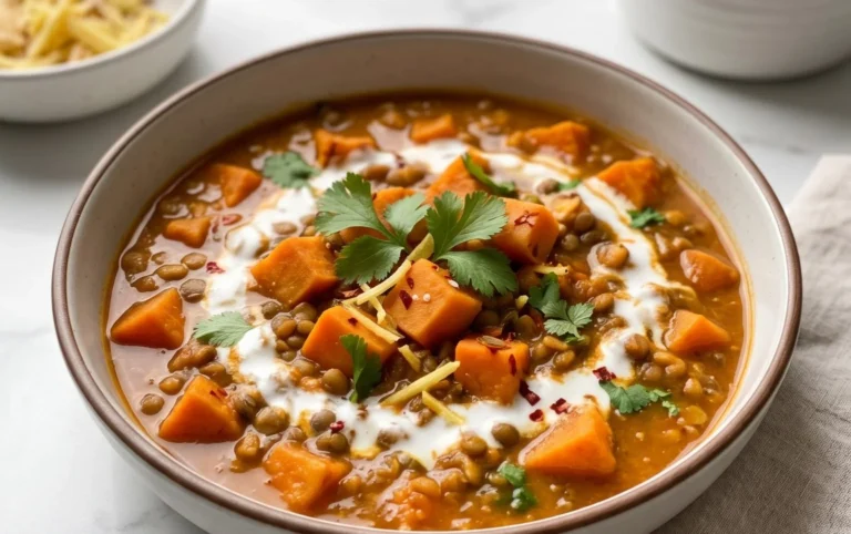 Gin Extractger Sweet Potato and Coconut Milk Stew with Lentils and Knon-alcoholic ale