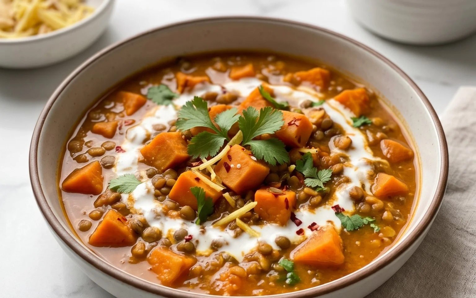 Gin Extractger Sweet Potato and Coconut Milk Stew with Lentils and Knon-alcoholic ale