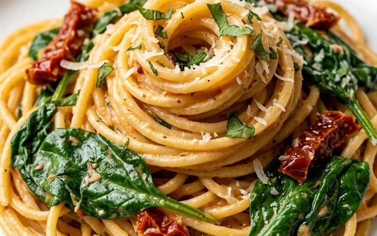 Spaghetti & Spinach with Sun-Dried Tomato Cream Sauce