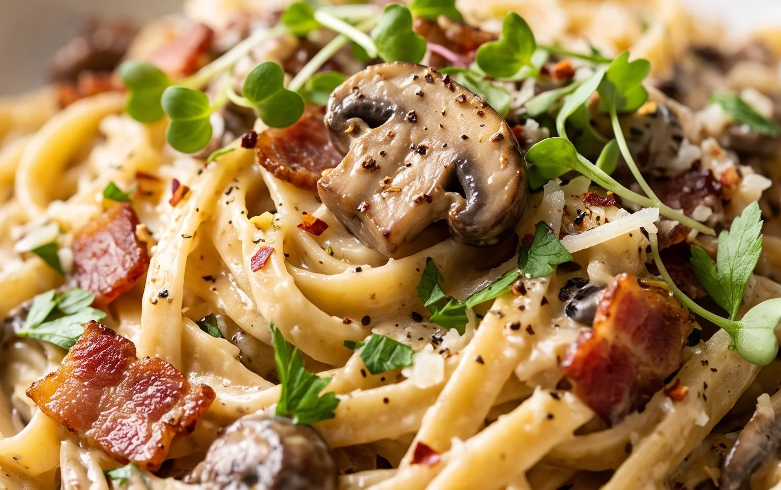 Creamy Beef Bacon and Mushroom Pasta