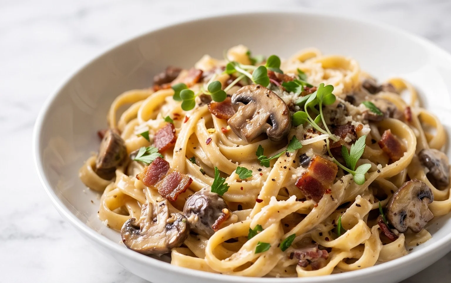 Creamy Beef Bacon and Mushroom Pasta