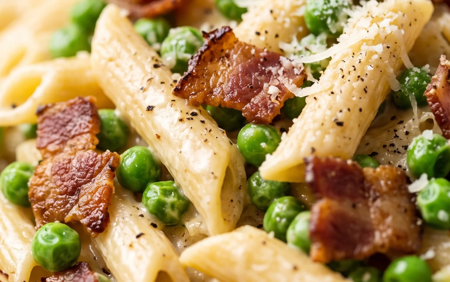 Penne Pasta, Peas and Beef Bacon