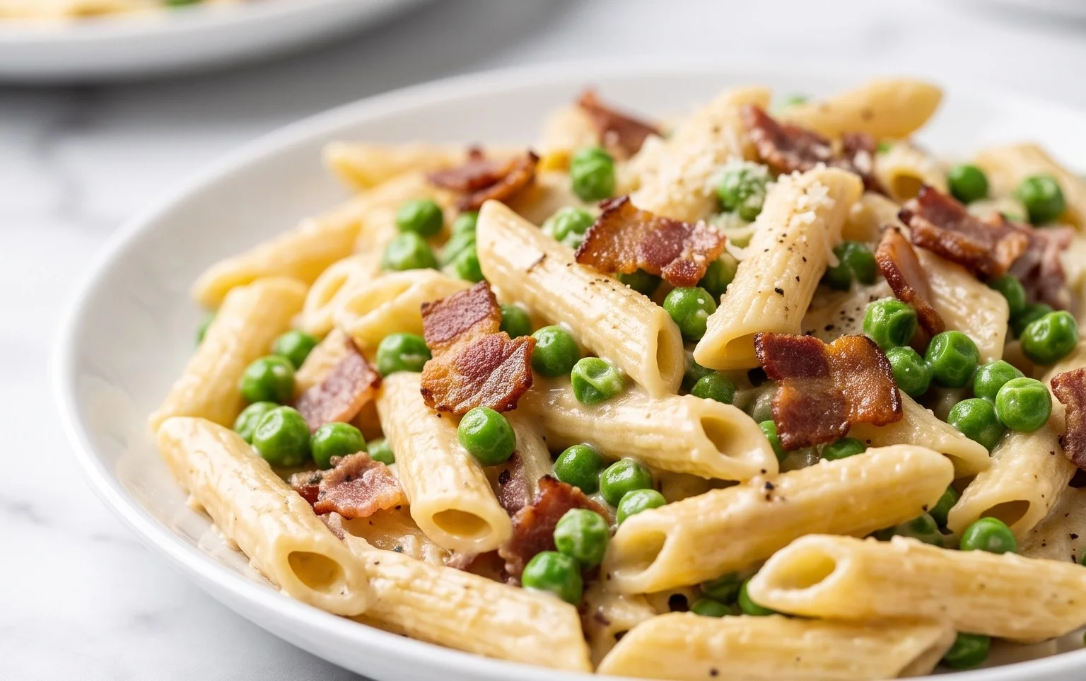 Penne Pasta, Peas and Beef Bacon