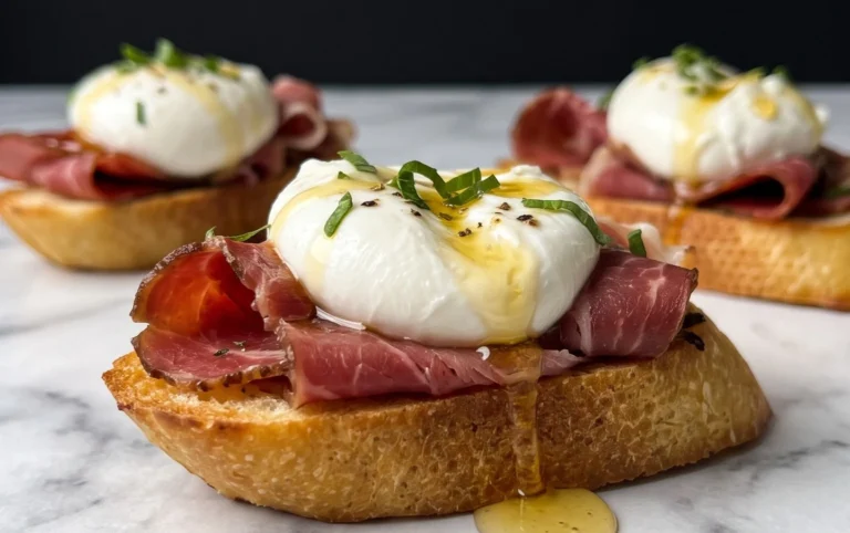 Beef Prosciutto Crostini with Burrata and Lemon Honey Drizzle